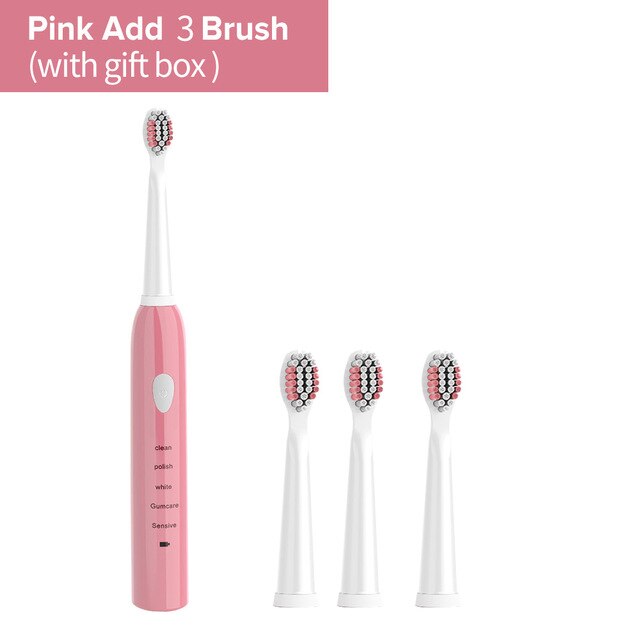 Electric Toothbrush Rechargeable 5 Modes Sonic Toothbrush with 4 Brush Head Waterproof Timer Tooth Brush Whitening For All: Pink 1 with 3 Heads