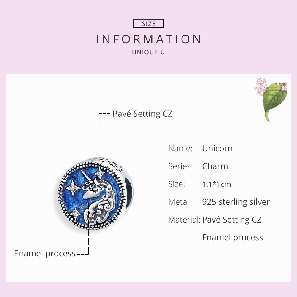 Unicorn Charms BISAER 925 Sterling Silver Blue Enamel Licorne Pave Beads Charms fit Original 925 Jewelry Making EFC230