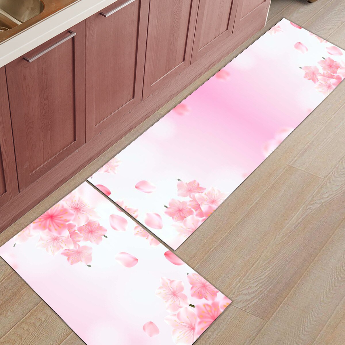2 stk / sæt lyserød gradueret blomst forår køkkenmåtte langt soveværelse indgang dørmåtte hjem gulv indretning tæppe stue tæppe