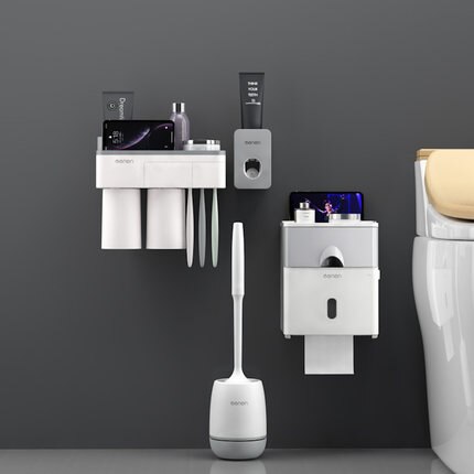 Toothbrush Holder Wall Mounted Automatic Toothpaste Dispenser Storage Rack Soft Toilet Brush Tissue Box Bathroom Accessories Set: Grey 2 cup set