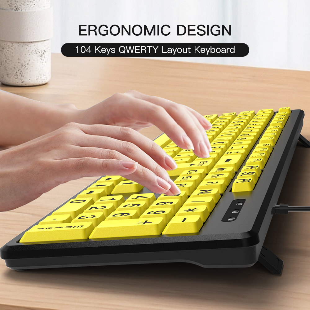 Black Large Print Yellow Buttons Keyboard USB Wired Keyboard for Seniors and Low Vision