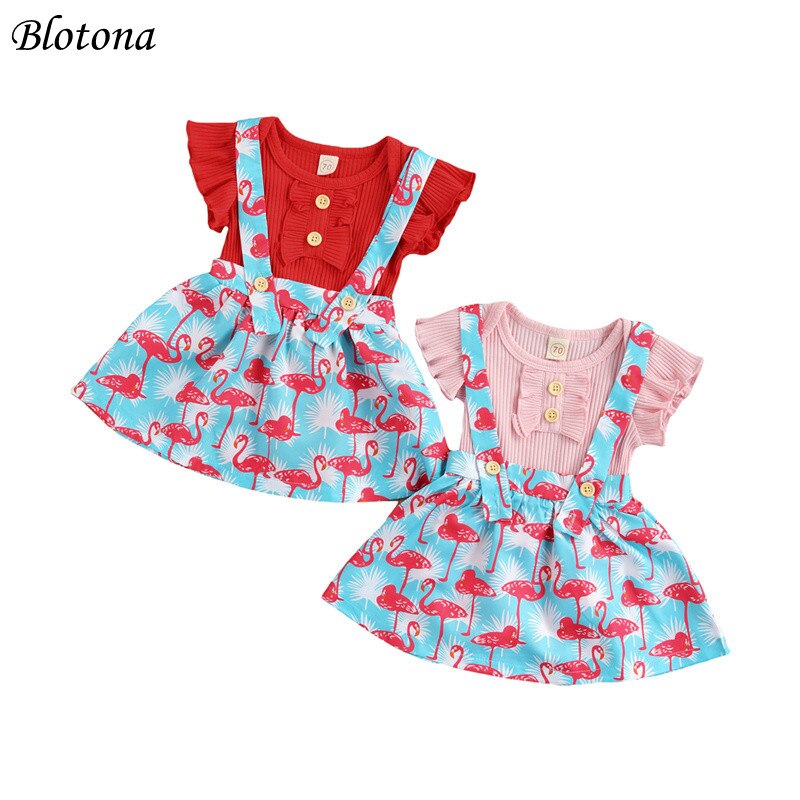 Blotona 2 Stuks Peuter Meisjes Zomer Outfits, effen Kleur Ruche Korte Mouwen Romper + Flamingo Print Bretels Jurk 0-24 Maanden