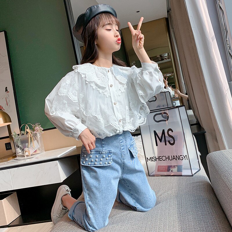 Camisa de encaje bordado para niña adolescente, Blusa de manga larga abombada de algodón con volantes para niña, blusas informales blancas para niño