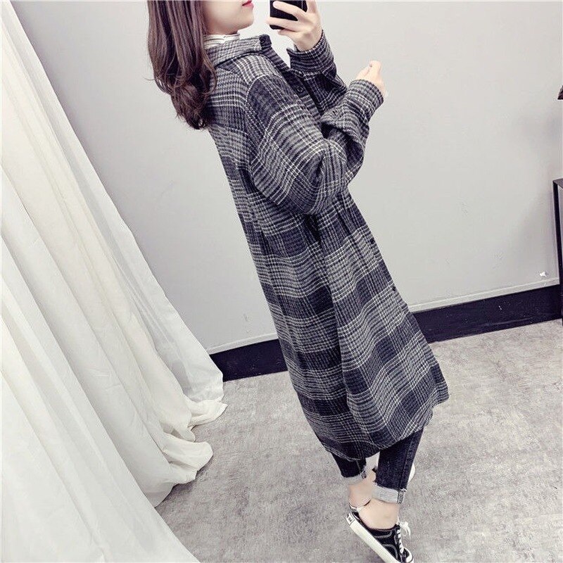 Trenchcoat kvinder efterår turn-down krave plus størrelse 3xl løs plaid chic kausal daglig streetwear lange frakker dame bf