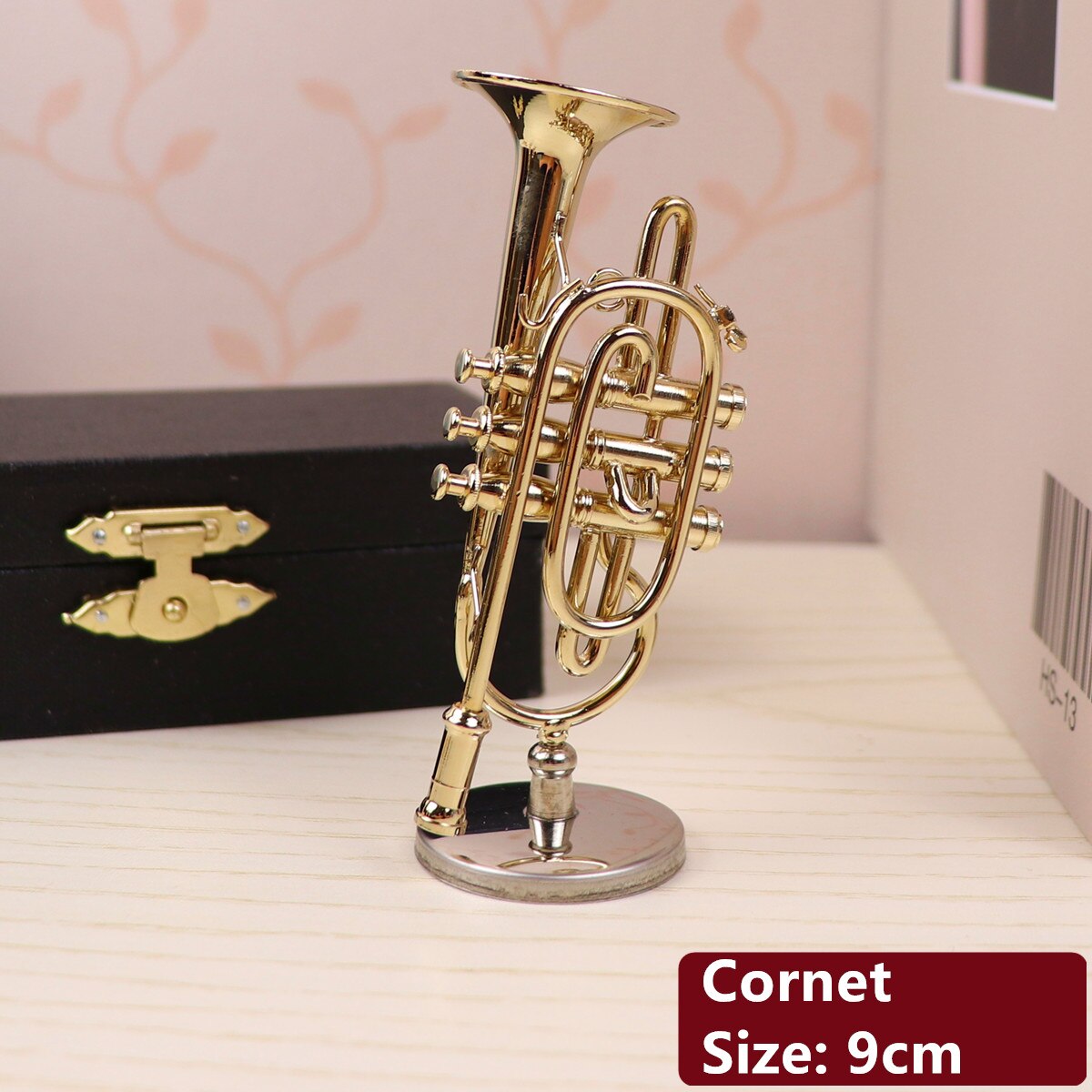 Dh Miniature Flute Clarinet Saxophone Trumpet Trombone French Horn Model Mini Musical Instrument Ornaments and Decoration: Cornet-9cm