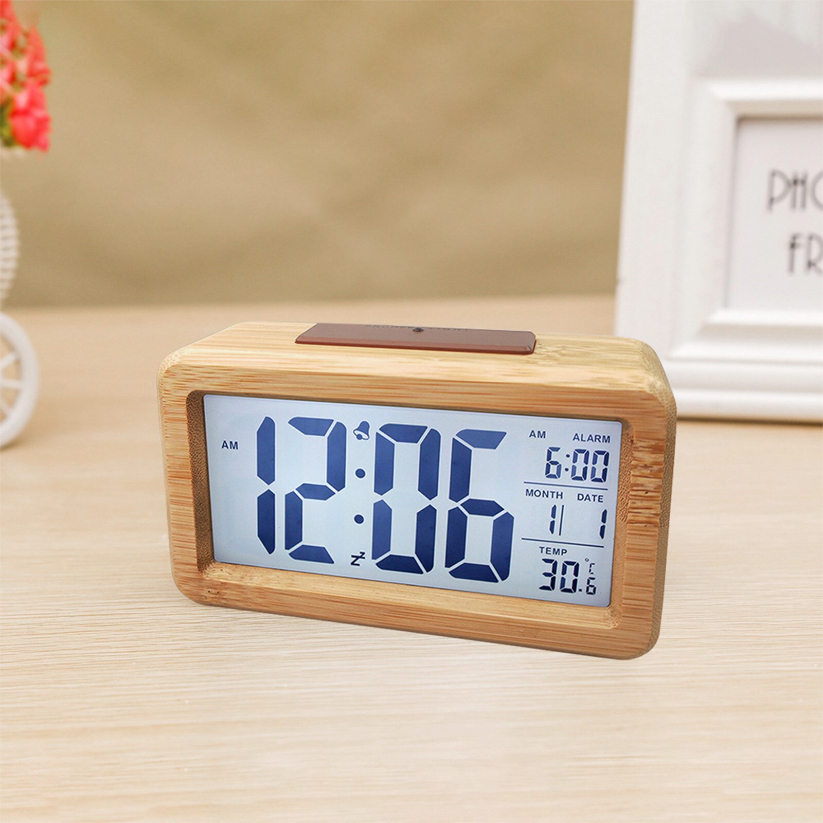 Led Alarm Clock,Wooden LED Digital Alarm Clock, Displays Time Date Week And Temperature, Cube Wood-shaped Sound Control