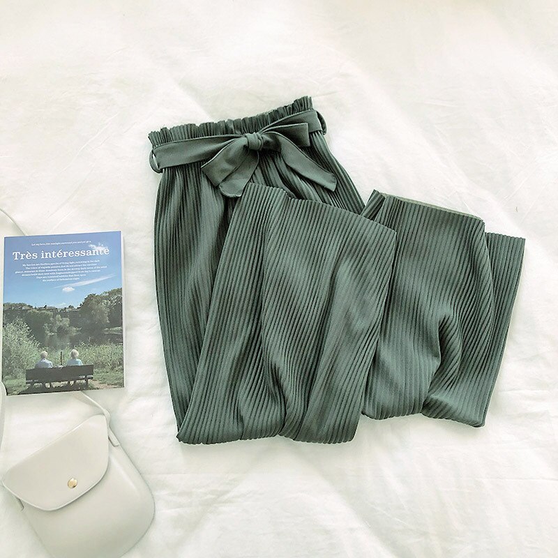 Women's Casual Wide Leg Pants - High Waist Belted Pleated Trousers for Summer: Green