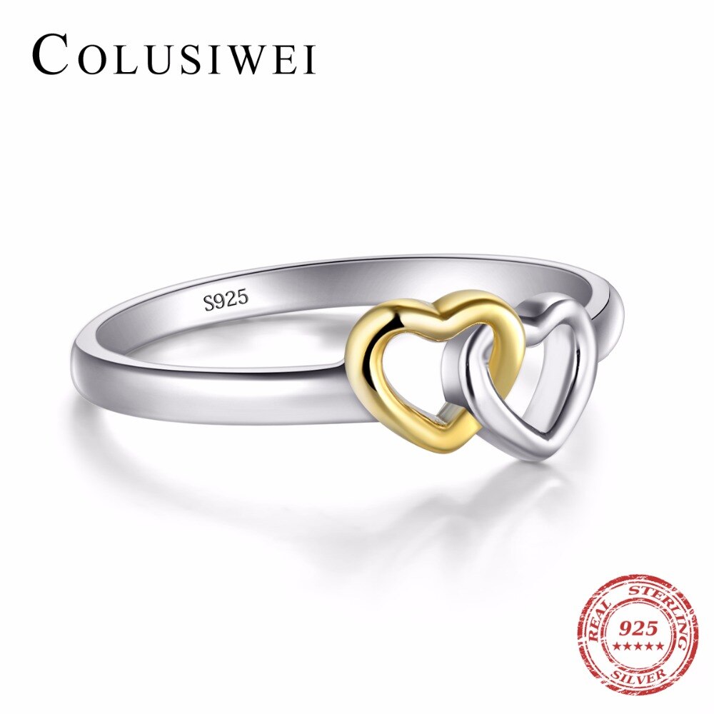 COLUSIWEI Genuine 100% 925 Solid Silver Ring & Stud Earrings Double Hearts Gold White Color Engagement Jewelry Set