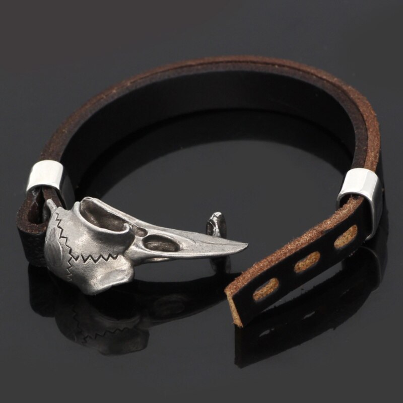 Men Retro Viking Odin Symbol Totem Crow Head Crow Pointed Beak Men Leather Bracelet