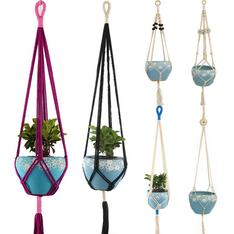 Decoratieve plantenhanger macramé plantenhanger voor buiten, hangende plantenmand van katoentouw met 4 poten
