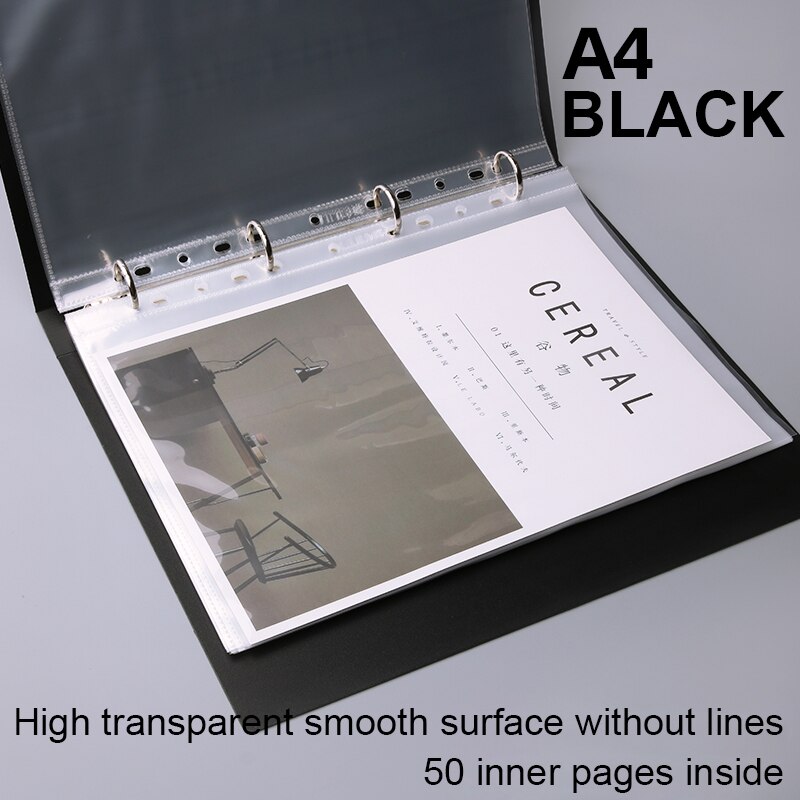 Loose Leaf Folder A3/A4/B5/A5 Transparent Detachable Folder Inner Core Document Bag Picture Storage Collection Book: A4 Black 11 holes