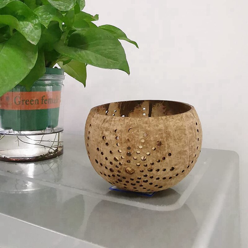 Portavelas de cáscara de coco hecho a mano, vela rústica de Pilar Pequeño, Bol de cáscara de coco