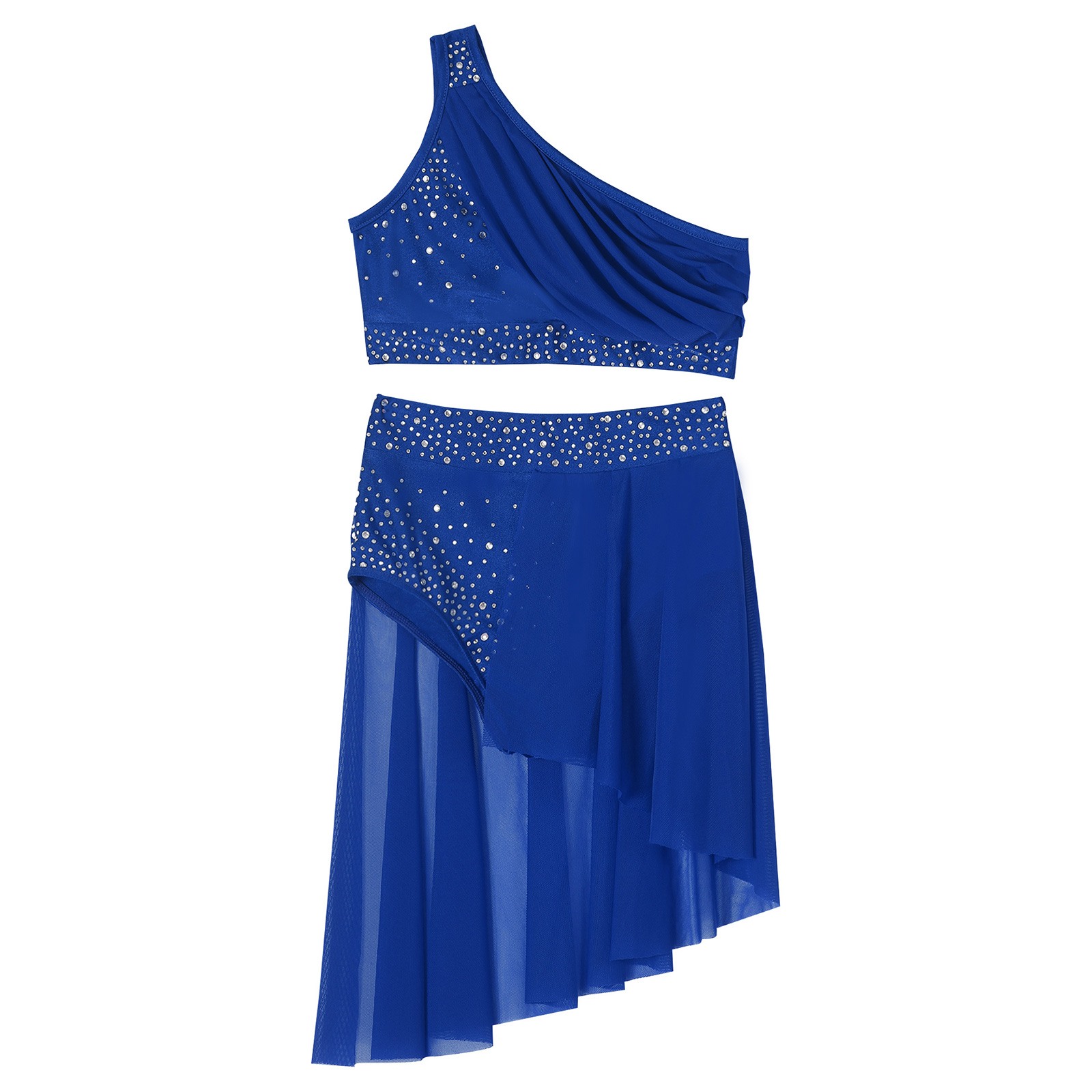 IEFiEL Conjunto de danza lírica para niñas, trajes contemporáneos modernos, Top corto con diamantes de imitación y leotardo con falda, traje de Ballet de 2 piezas