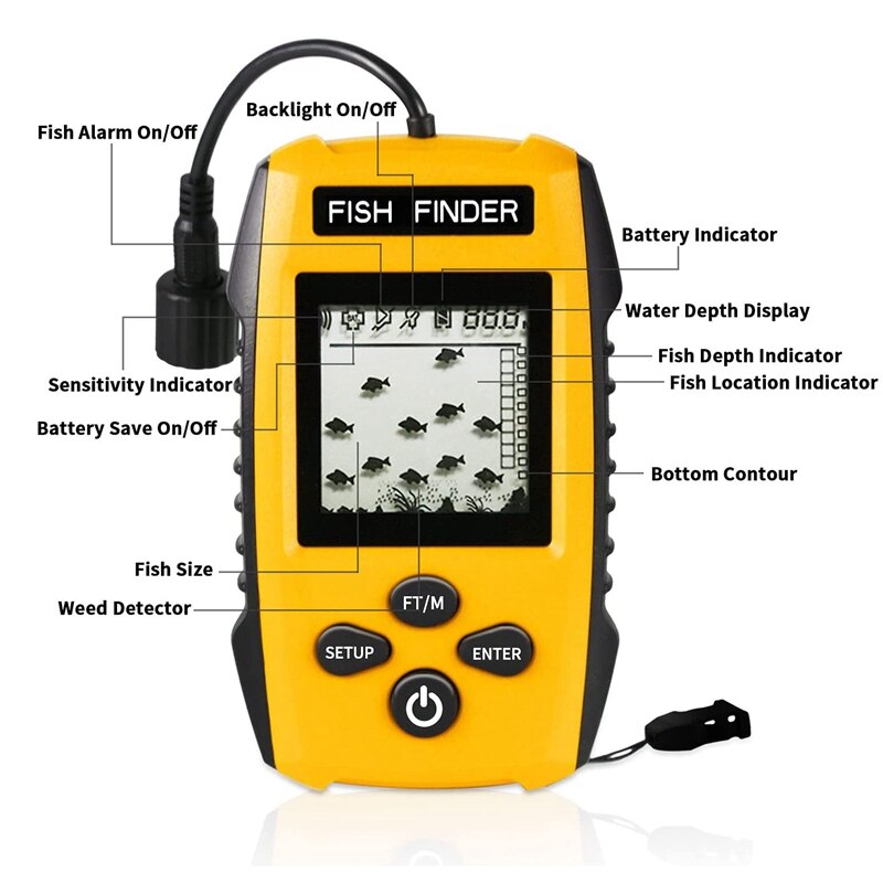 Détecteur de poissons Portable, sonar à main filaire, écran LCD avec profondeur d&#39;eau, localisation du poisson, taille du poisson, mauvaises herbes et roches