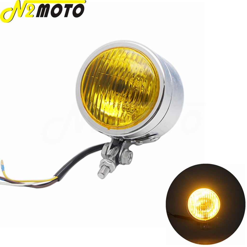 H4 12V Motorcycle Chrome Vintage Amber Headlight Running Lights For Honda Yamaha Suzuki Kawasaki Chopper Bobbers Cafe Racers