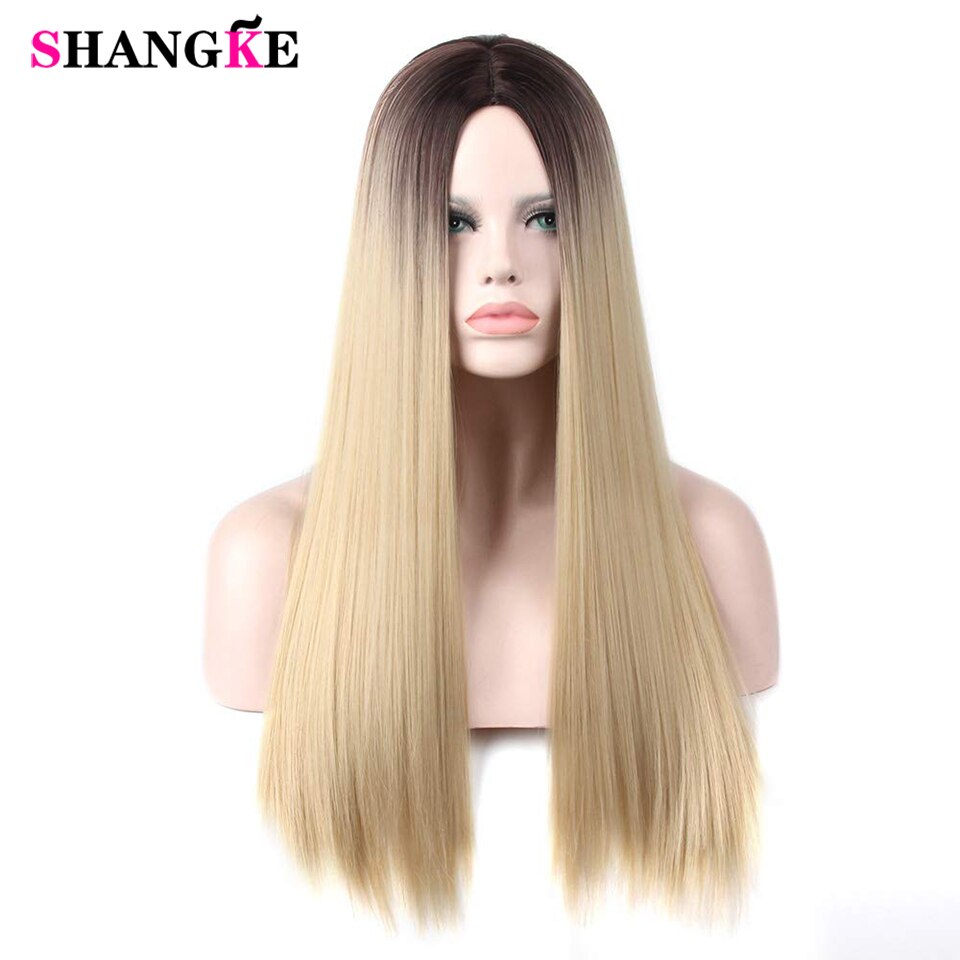 Largo SHANGKE-Peluca de pelo sintético liso para mujer, peluca de pelo liso Natural mezclado, Color de raíz oscura, degradado Natural, estilo africano y americano: Blonde