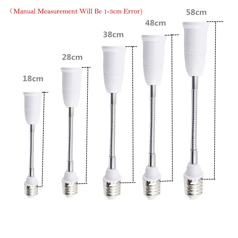 Base de bombilla LED E27 a E27, convertidor de soporte de lámpara de extensión Flexible, enchufe europeo y estadounidense de 18cm/28cm/38cm/48cm/58cm