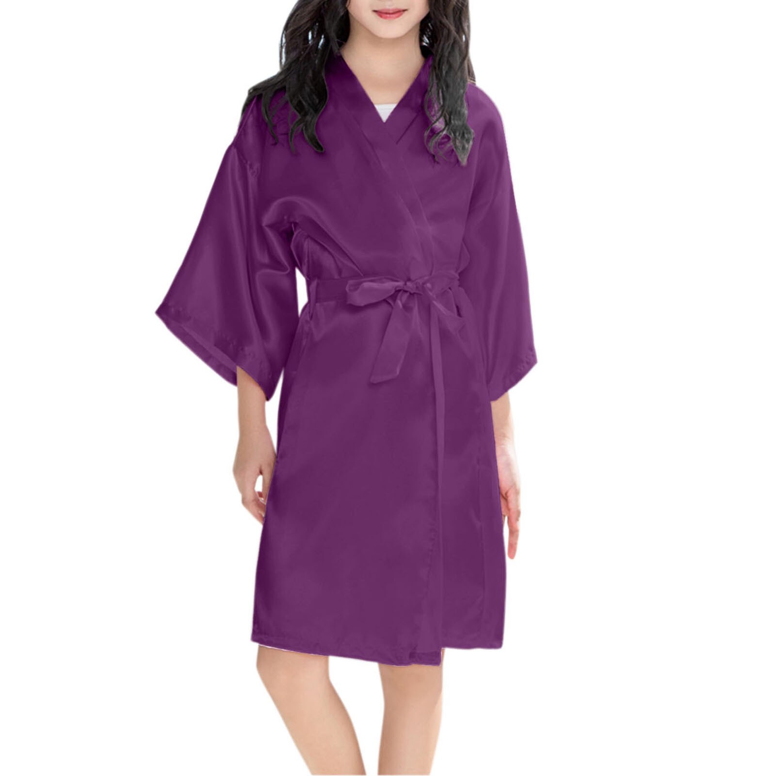 Children Silk Satin Robes Kid Girl Print Summer Kimono Robes Bathrobe Sleepwear Kimono Children's Bathrobes Wedding Party Robe: Purple  / 8-9 Years
