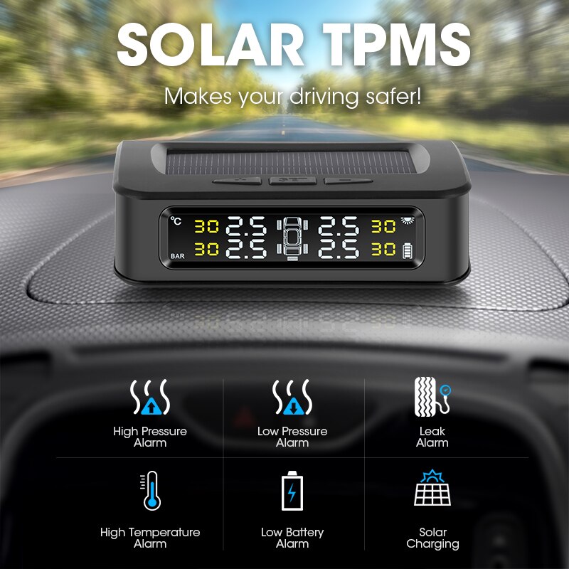 Jansite TPMS Car 5 Tire sensors Pressure Alarm Monitor System Display Solar charge pressure control Warning with Externa sensors
