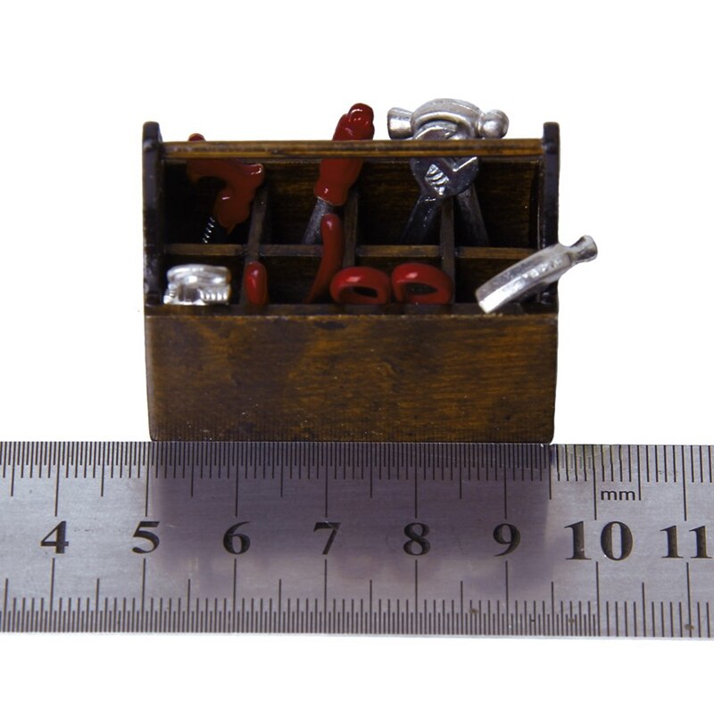 1/12 Dollhouse Miniature Wooden Box with Metal Tool Set