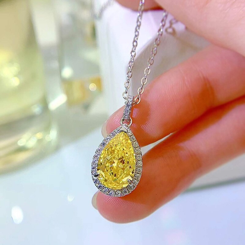 OEVAS 100% 925 Sterling Silver 8*12mm Yellow Water High Carbon Diamond Pendant Necklace For Women Sparkling Fine Jewelry: Yellow