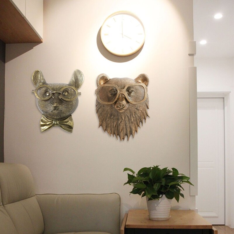 Pendentif mural en résine, tête de renard, lapin, cerf, souris, avec lunettes, Sculpture, , décoration murale pour la maison