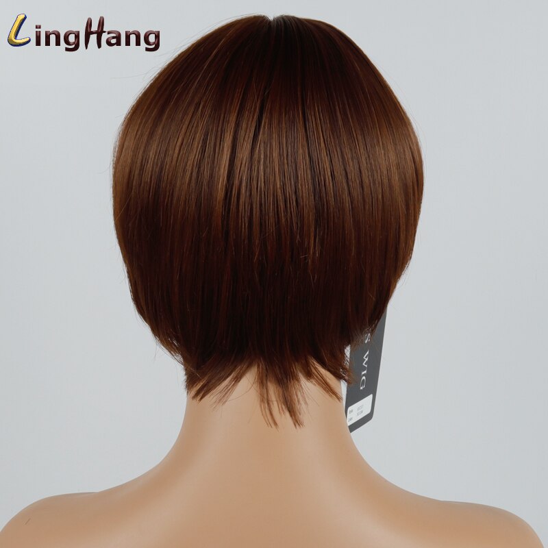 LINGHANG Short Brown Black Straight Wig Pixie Hair Cut Style Wigs For Women Synthetic Hair High Temperature Fiber