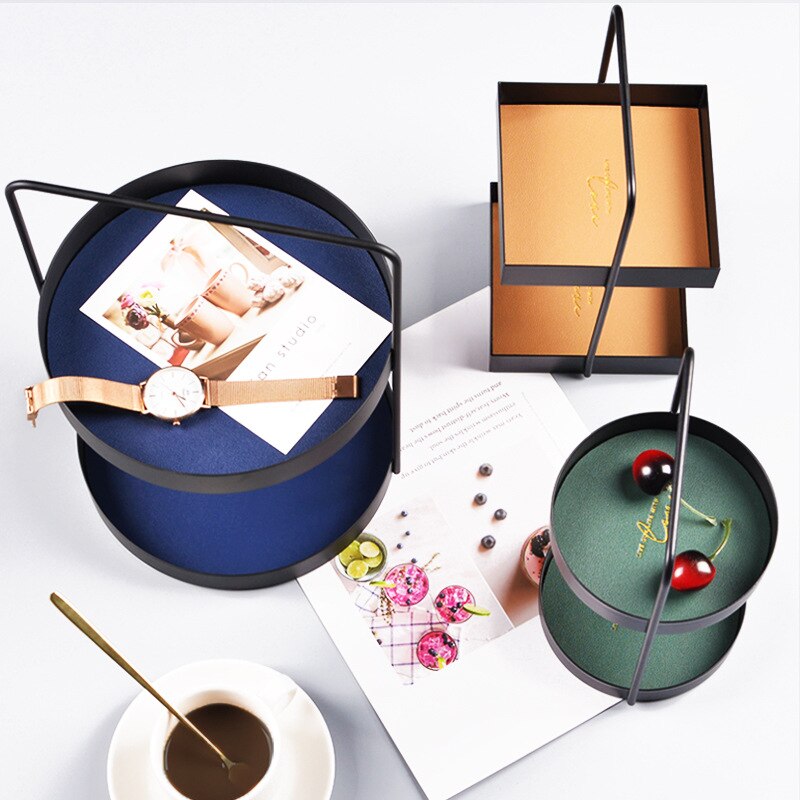 Two Tier Leather Pad Rectangle Metal Storage Tray Sundries Cosmetics Jewelry Dessert Tea Trays Storage Toy Tissue Storage Tray