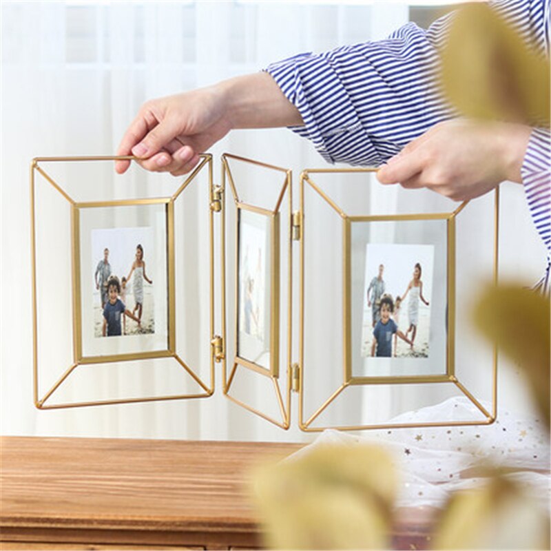 Geometrisk metalglas fotoramme, der kan foldes, roterbar stereokombination, glasramme, skrivebordsdekorationer til bryllup, boligindretning