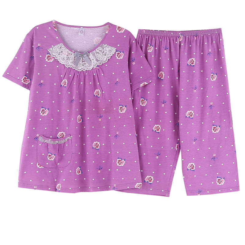Pyjama grande taille 100% coton pour femmes, ensemble violet à manches courtes, imprimé floral, vêtements de nuit pour la maison