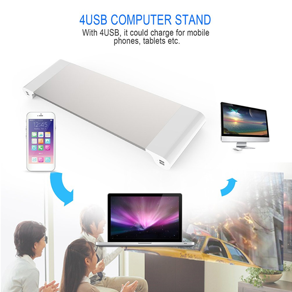 Multi-function Computer Monitor Stand Aluminum Alloy 4 USB Ports Desktop Holder Desk Stand For Tablets PC Laptops EU Plugs