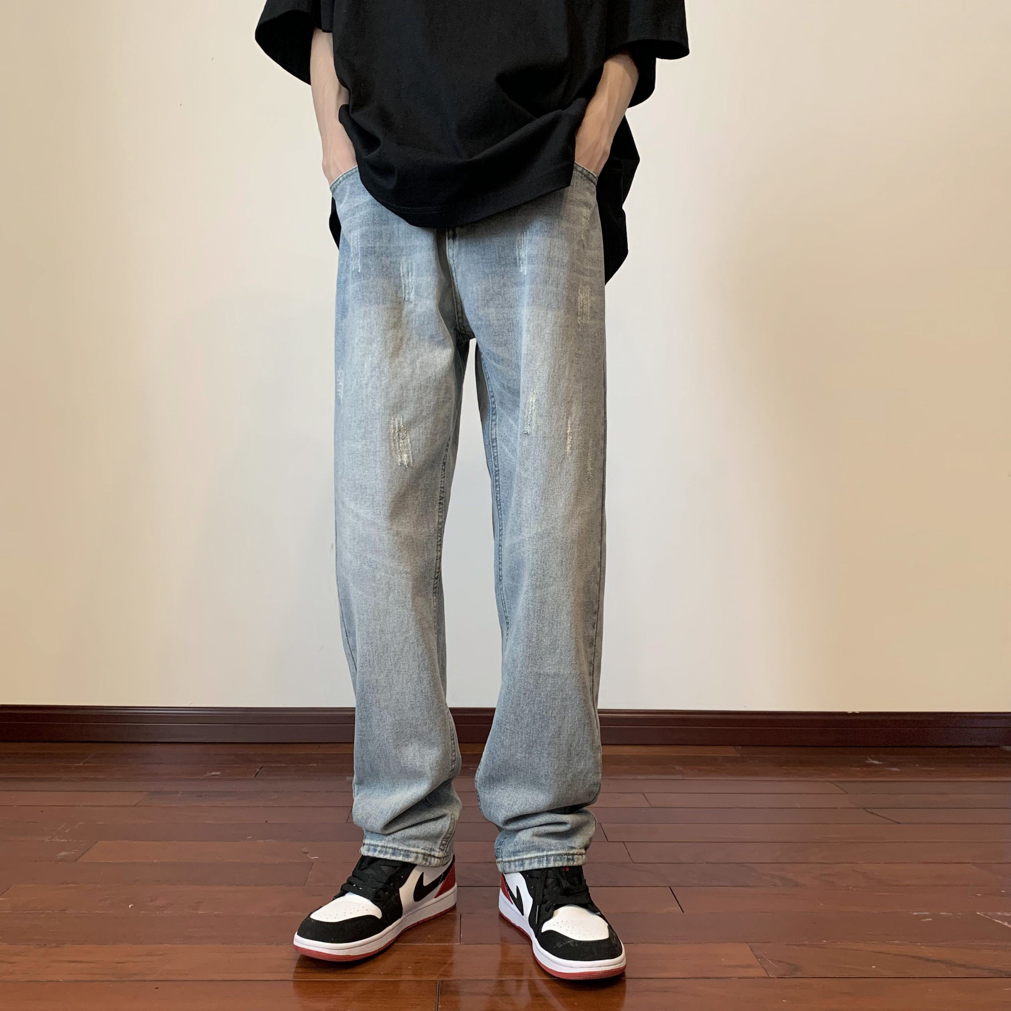 Pantalones vaqueros holgados para hombre, Jeans rectos rasgados informales a la , ropa de calle, pantalones vaqueros holgados de Hip Hop, M-2XL: blue / XL