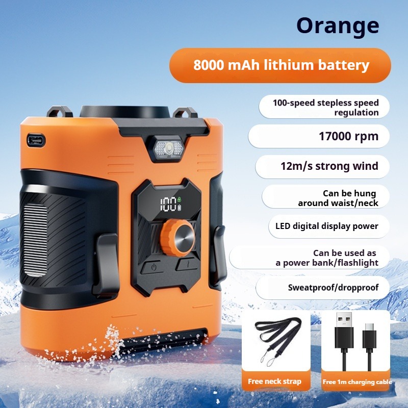 draagbare snelle, op de taille gemonteerde ventilator voor buitensporten en kamperen - USB-oplaadbaar met Power Bank-functie, 8000Amh: Oranje