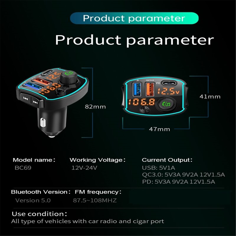 Car Bluetooth-compatible 5.0 FM transmitter Dual LCD display Car Mp3 Player Handsfree Car Kit QC3.0 PD18W Quick charge