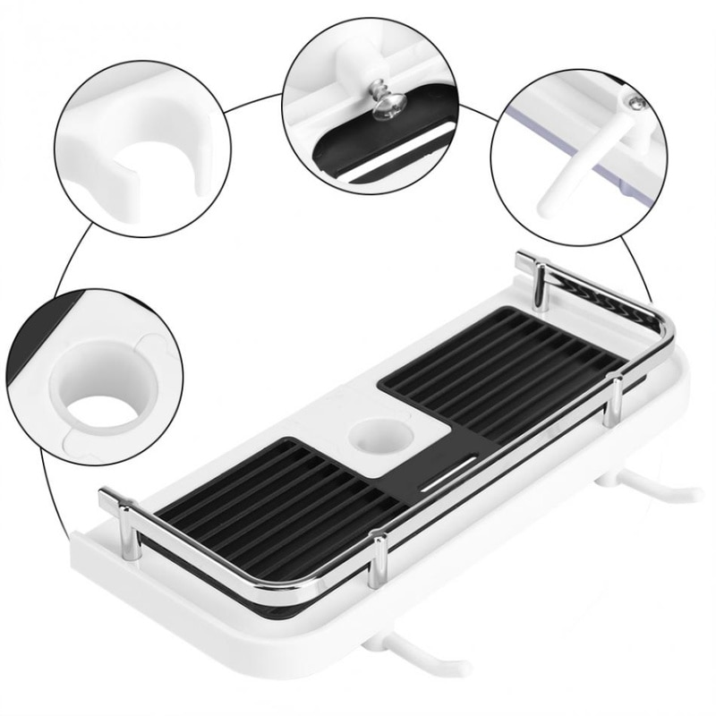 Wall Mount Pole Hanging Floating Shelf Basket with Hooks Shower Shelf Bathroom Shampoo Holder Shelving Storage Rack Organizer