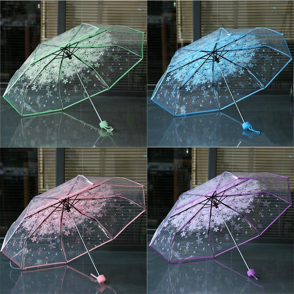 Transparent Clear Umbrella Handle Windproof 3 Fold Umbrella Cherry Blossom Mushroom Apollo Sakura Women Girl's Umbrella #T2