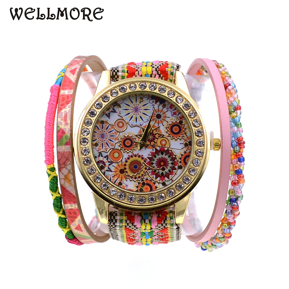 Wellmore stijl bohemien kleurrijke kralen met leren armband horloge & casual quartz polshorloges voor vrouwen
