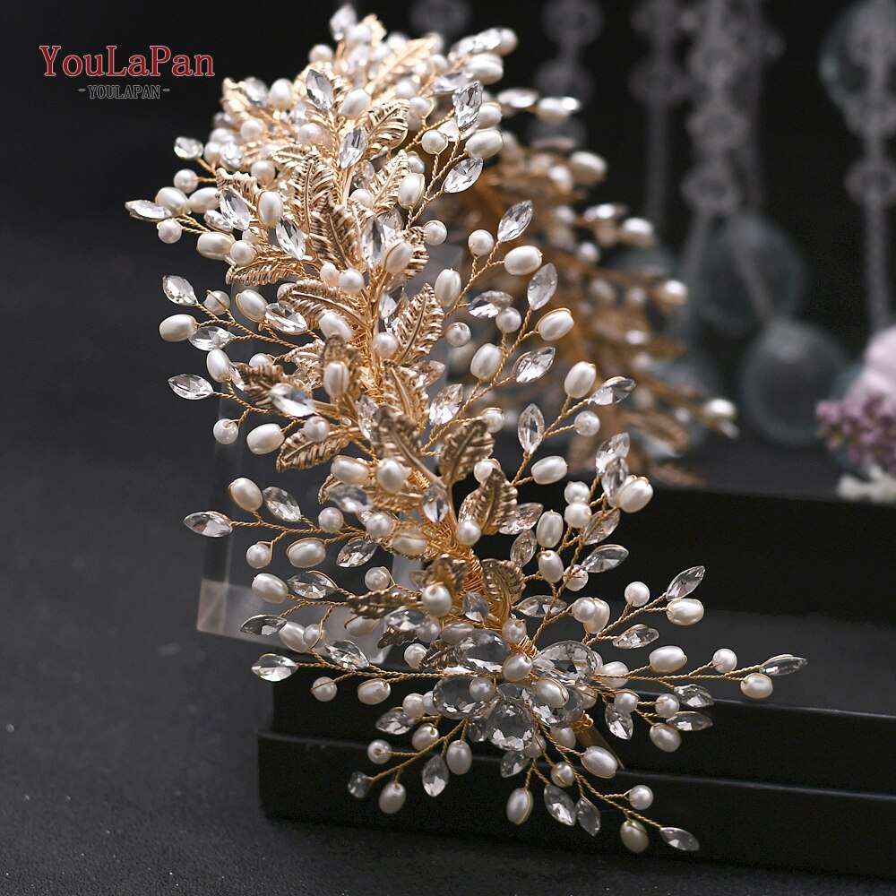 YouLaPan HP304 Luxuriöse Strass Stirnband Silber Hochzeit Kopfschmuck Bling Braut Diademe und Kronen Kristall Braut Headwear: HP322-Gold