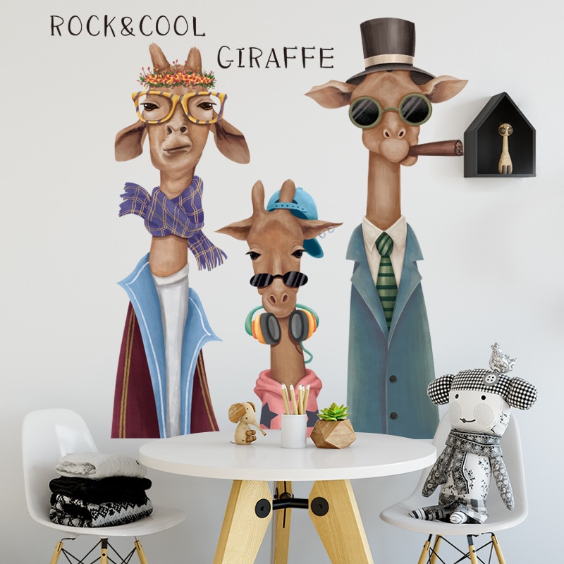 Cartoon Leuke Rock &amp; Cool Giraffe Muurstickers Voor Slaapkamer Kinderkamer Nursery Woonkamer Milieuvriendelijke Verwijderbare Vinyl Muurstickers