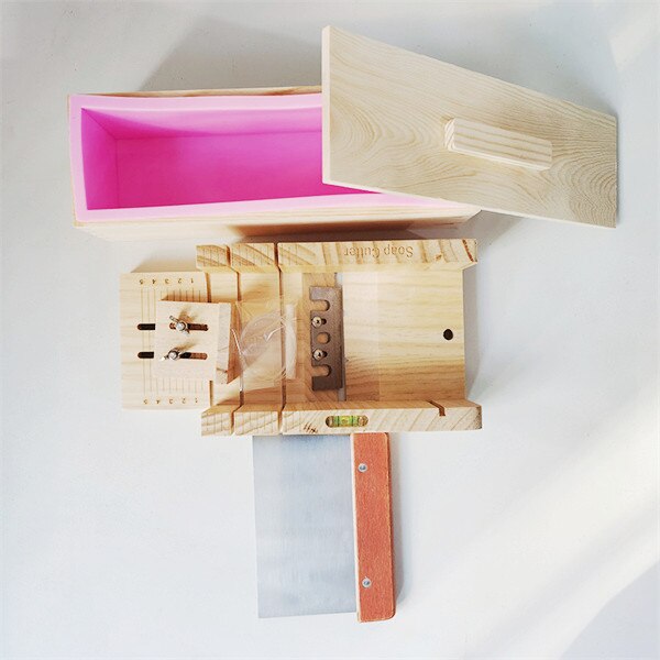 Herramientas de corte para fabricación de jabón, caja cortadora de madera + molde de silicona + cuchilla recta, Kits de cortadores de jabón DIY, suministros de jabón Manual: H-Set-S-L