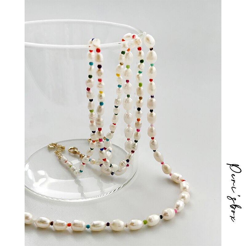 Peri'sbox Pearl Necklace - Rainbow Acrylic Beads & Baroque Freshwater Pearls - Summer Beach Choker for Women