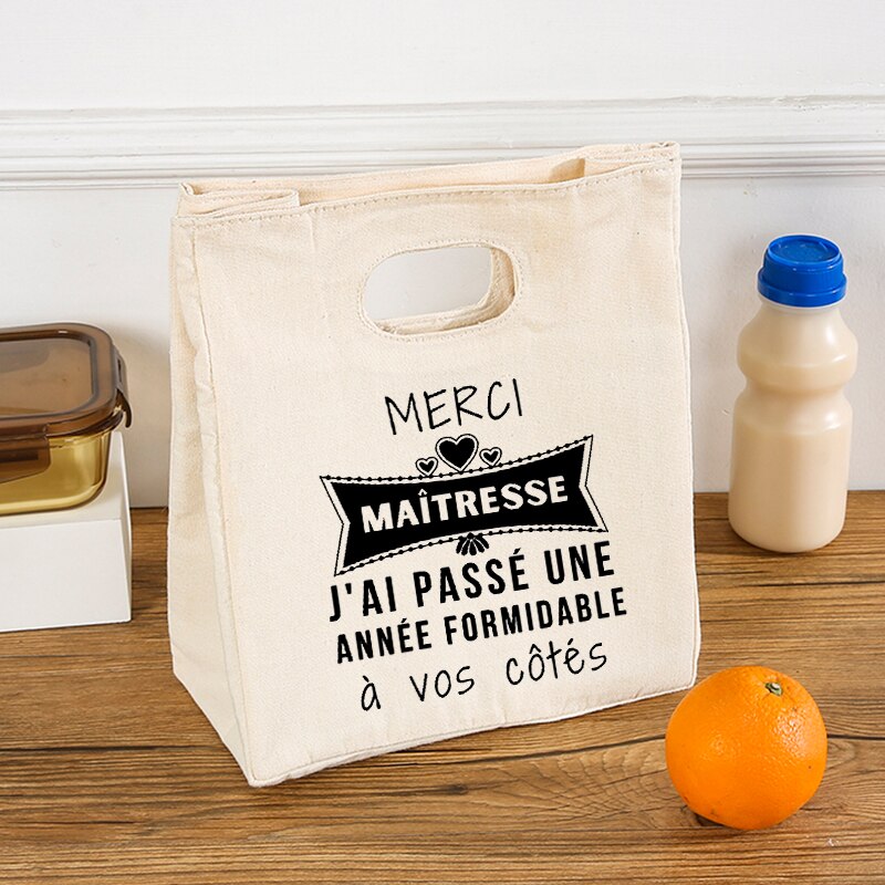 Merci Maîtresse geïsoleerde lunchtas voor dames Koeltas Thermische tas Draagbare lunchbox Zakken Ijspak Tote Voedsel Picknickzakken Cadeau: GRIJS