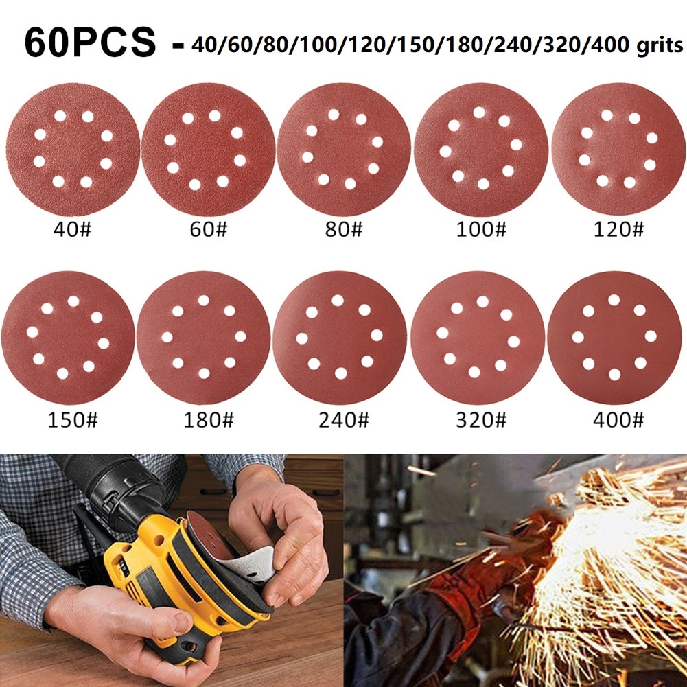 60pcs 5" 125mm Round Sandpaper Eight 8 Holes Sand Sheets Hook Loop 40/60/80/100/120/150/180/240/320/400 Grits For Rough Grinding