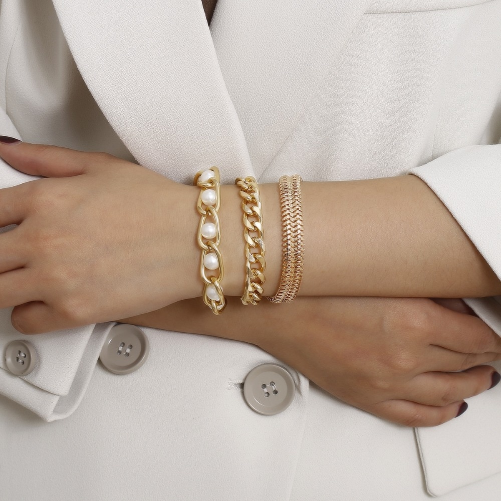 HUANZHI-Conjunto de 3 pulseras de Metal con perlas y cadena gruesa, joyería de , estilo Hip Hop, Punk,