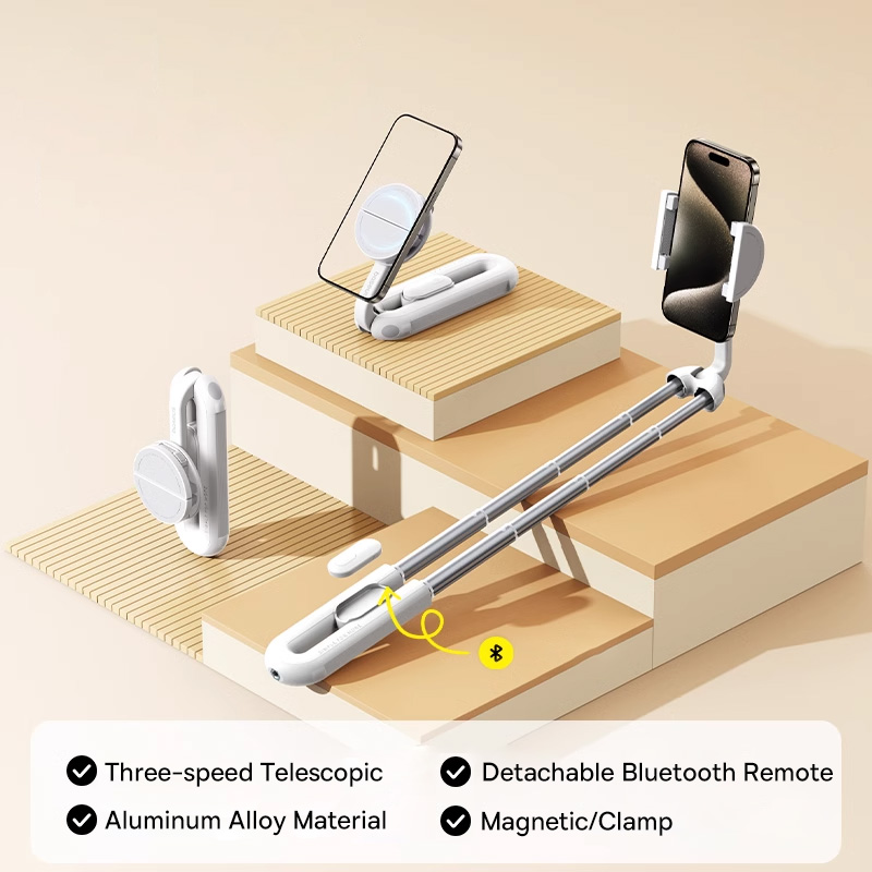 Baseus Magnetische Telefoon Selfie Stick voor iPhone 16 15 Pro Draadloze Bluetooth Gimbal Stabilizer Houder voor Live Vlog Schieten Stand: Default Title