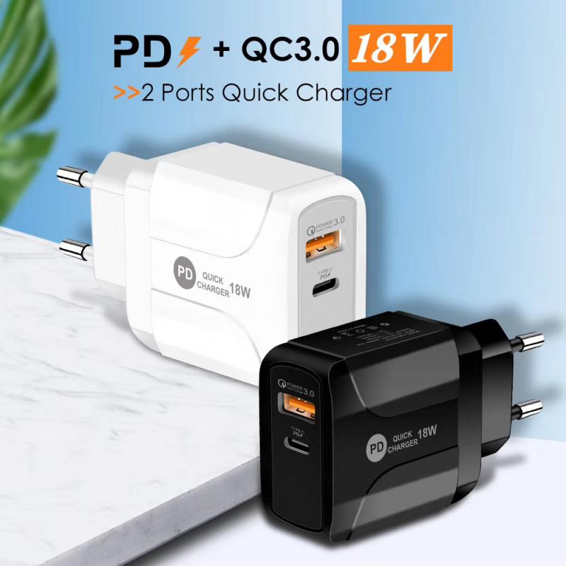 QC3.0 + PD18W Snel Opladen Mobiele Telefoon Oplader Usb Lader Type-C 18W Pd Charger Eu/Us plug Adapter Muur Snelle Usb Charger