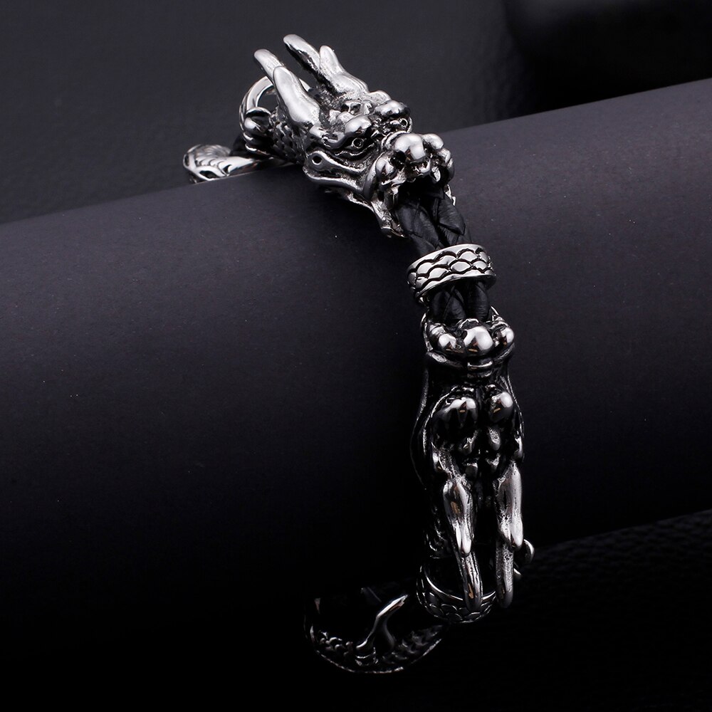 Classic Braided Leather Bracelet Male Stainless Steel Rocker Double Dragon Mens Bracelets Adjustable Wrap Bracelet Man Jewelry