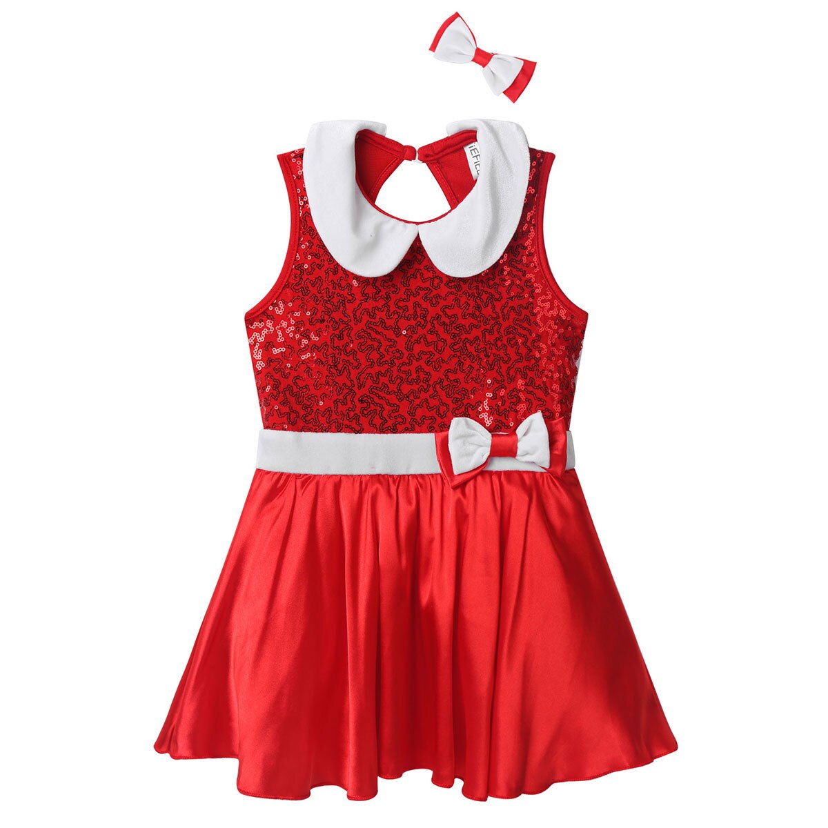 iEFiEL Kids Girls Christmas Costumes Ballroom Dance Wear Sleeveless Shiny Sequined Boknot Tutu Leotard Dress with Hair Clip Set