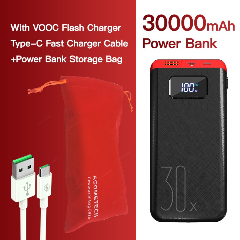 Banco de potência 30000 mah tipo c pd carregamento rápido powerbank 30000 mah portátil carregador de bateria externa para iphone 12 xiaomi poverbank: Red with VOOC