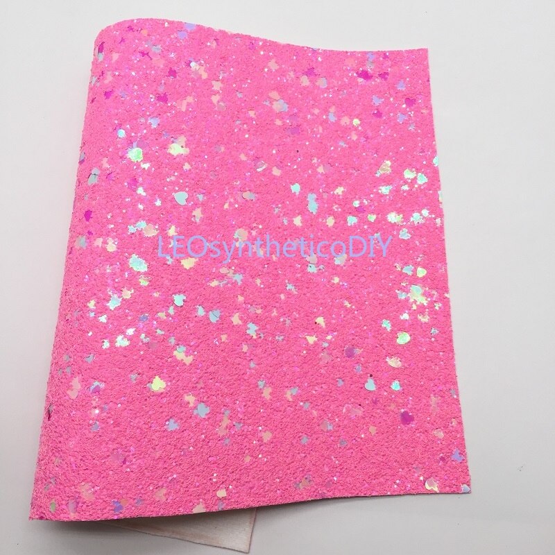 1PC 21X29CM Glitter Fabric, Pink Chunky Glitter with Pastel Hearts For Making Bows LEOsyntheticoDIY T287C